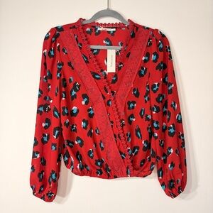 mi ami for francesca’s red leopard print lace trim wrap top cinched waist NWT S